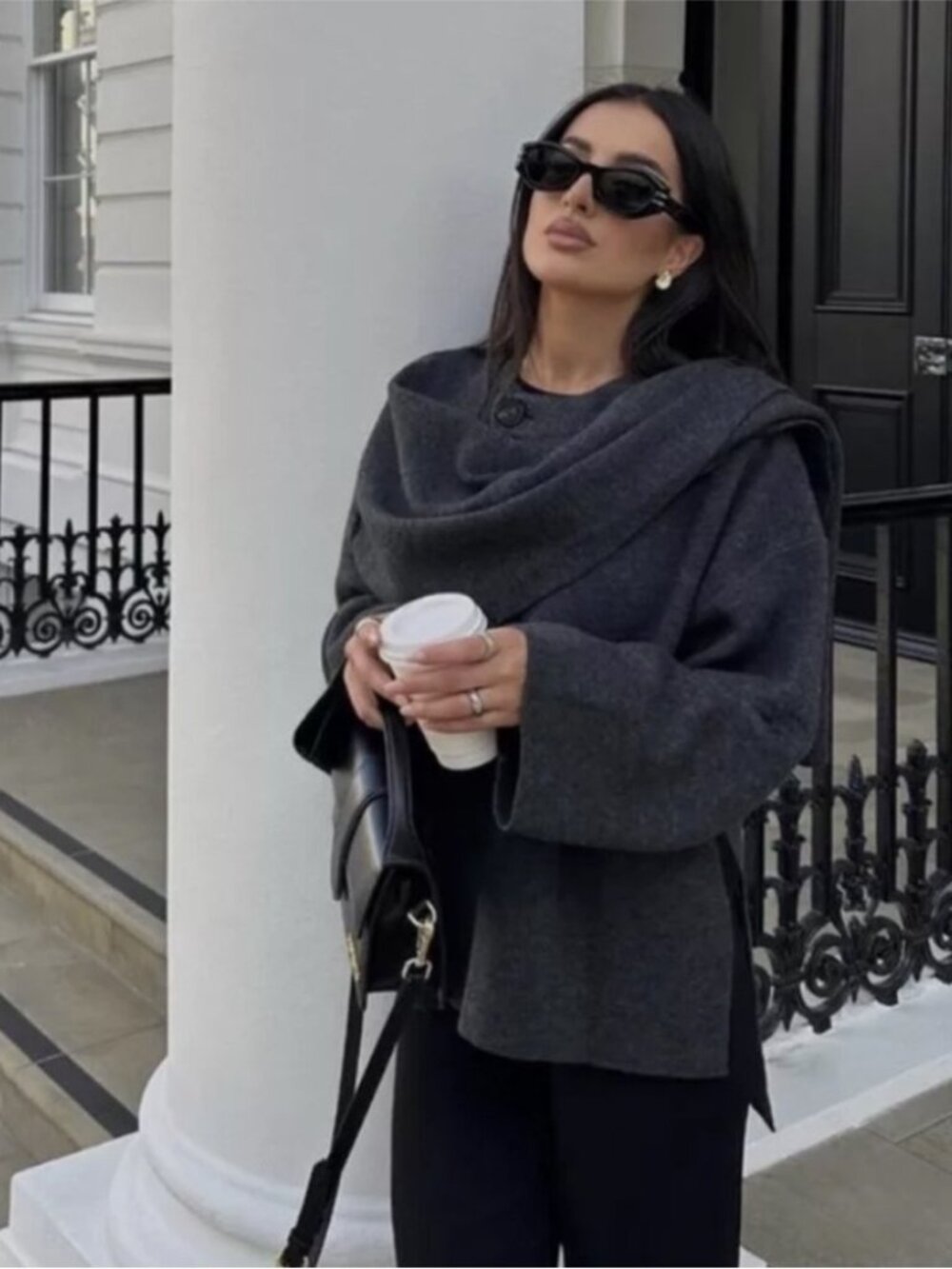 Sold Out Viral Zara Crop Knit Coat Asymmetrical Scarf Cape Sweater Grey Sz S